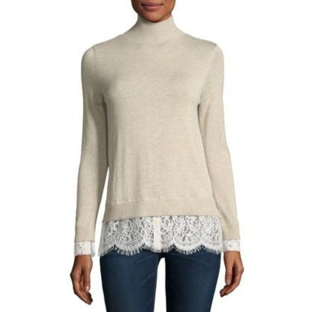 Joie NWT Fredrika Lace Sweater Top Beige Mock Neck Longsleeve Small